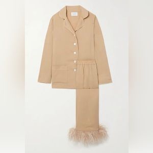 Sleeper Party Feather-Trimmed Crepe De Chine Pajama Set - Beige